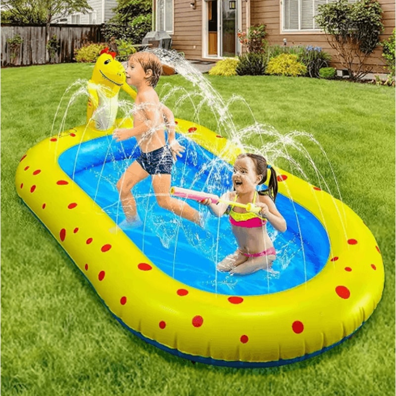 17M Inflatable Dinosaur Splash Pool Kids Outdoor Sprinkler Play Mat Water Toy 1