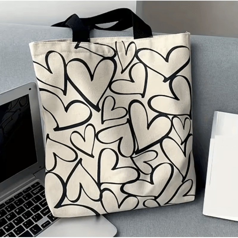 Large Capacity Canvas Tote Bag Stylish Womens Shoulder Commuter Bag With Love Print 1