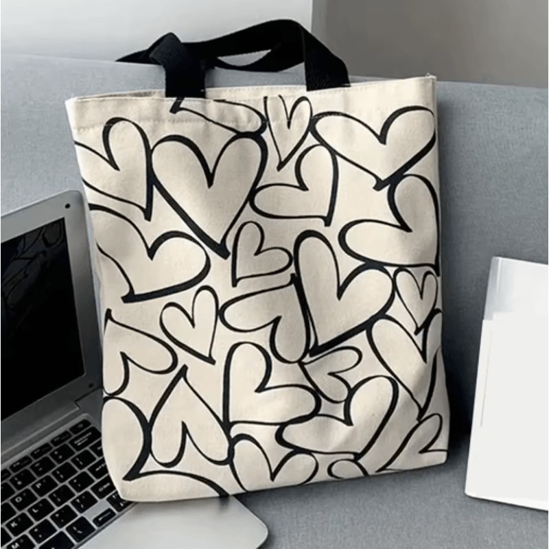 Large Capacity Canvas Tote Bag Stylish Womens Shoulder Commuter Bag With Love Print 4