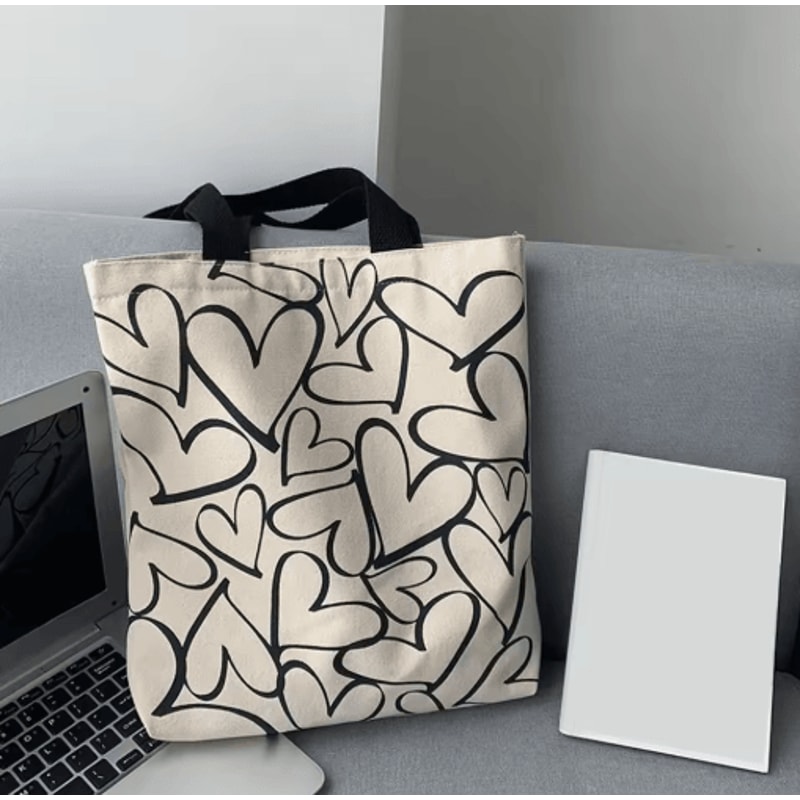 Large Capacity Canvas Tote Bag Stylish Womens Shoulder Commuter Bag With Love Print 5