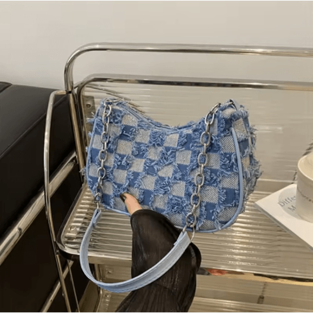 Womens Star Pattern Tote Bag Blue Distressed Shoulder Handbag For Everyday Style 1