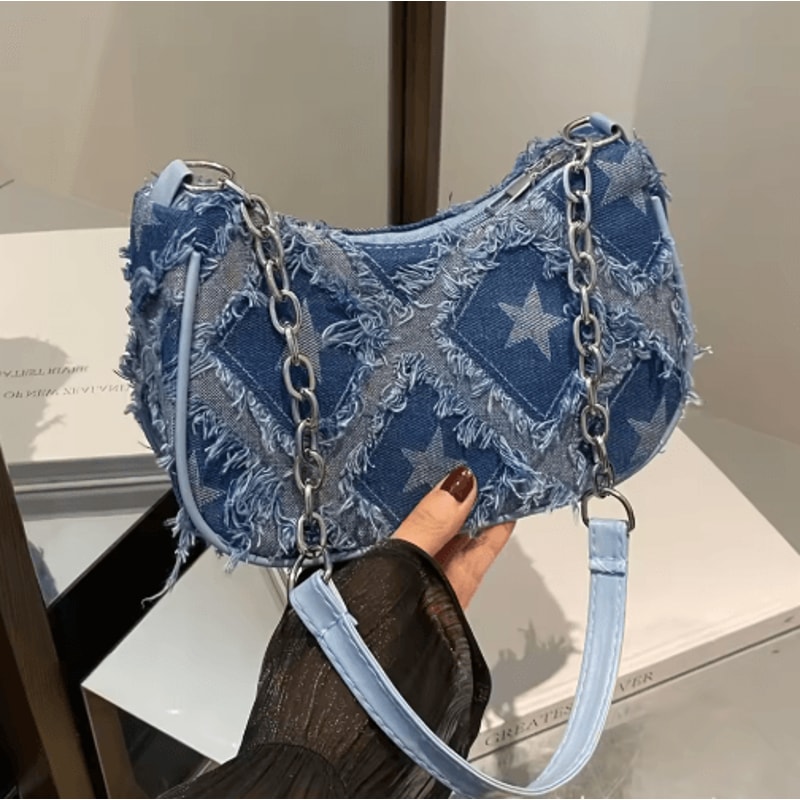 Womens Star Pattern Tote Bag Blue Distressed Shoulder Handbag For Everyday Style 9