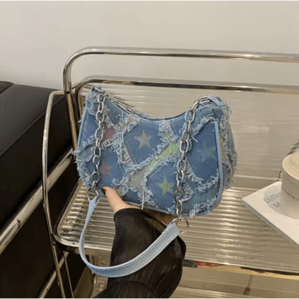 Womens Star Pattern Tote Bag Blue Distressed Shoulder Handbag For Everyday Style 2