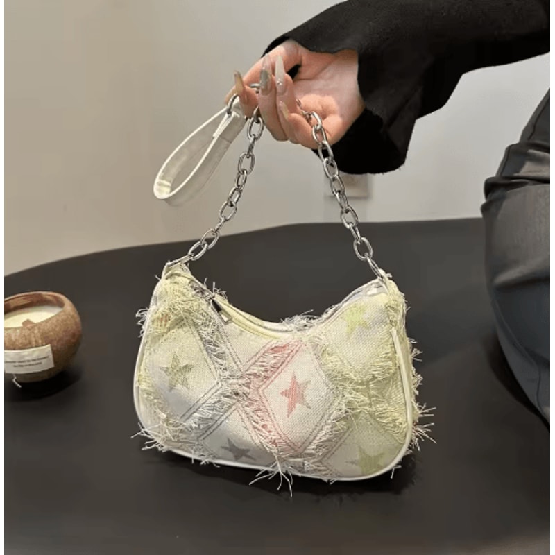 Womens Star Pattern Tote Bag Blue Distressed Shoulder Handbag For Everyday Style 4