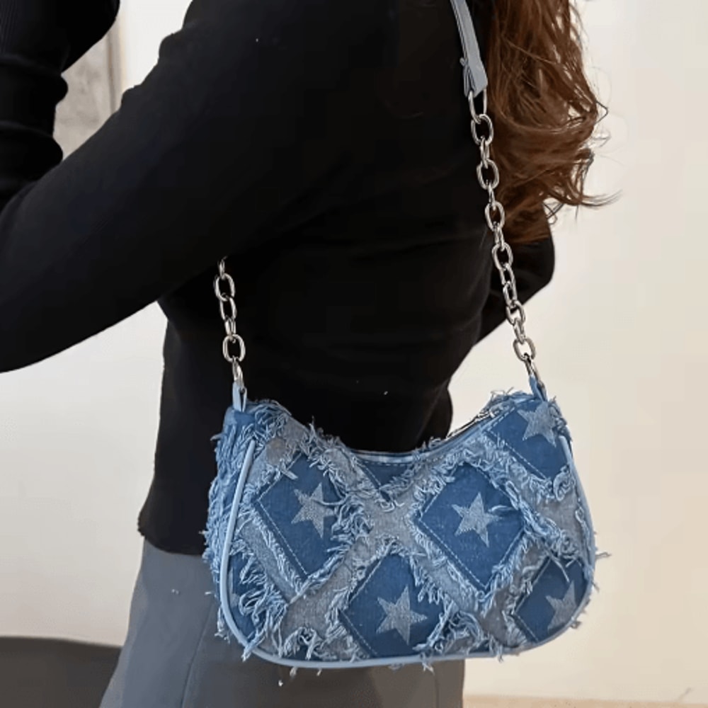 Womens Star Pattern Tote Bag Blue Distressed Shoulder Handbag For Everyday Style 7