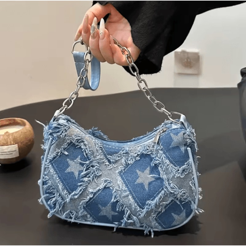 Womens Star Pattern Tote Bag Blue Distressed Shoulder Handbag For Everyday Style 8