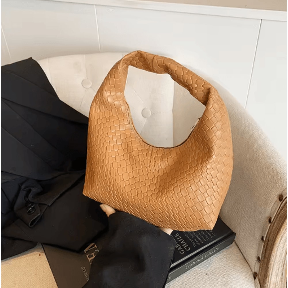 Womens Woven Embossed Hobo Shoulder Bag Soft PU Leather Small Top Handle Handbag 1