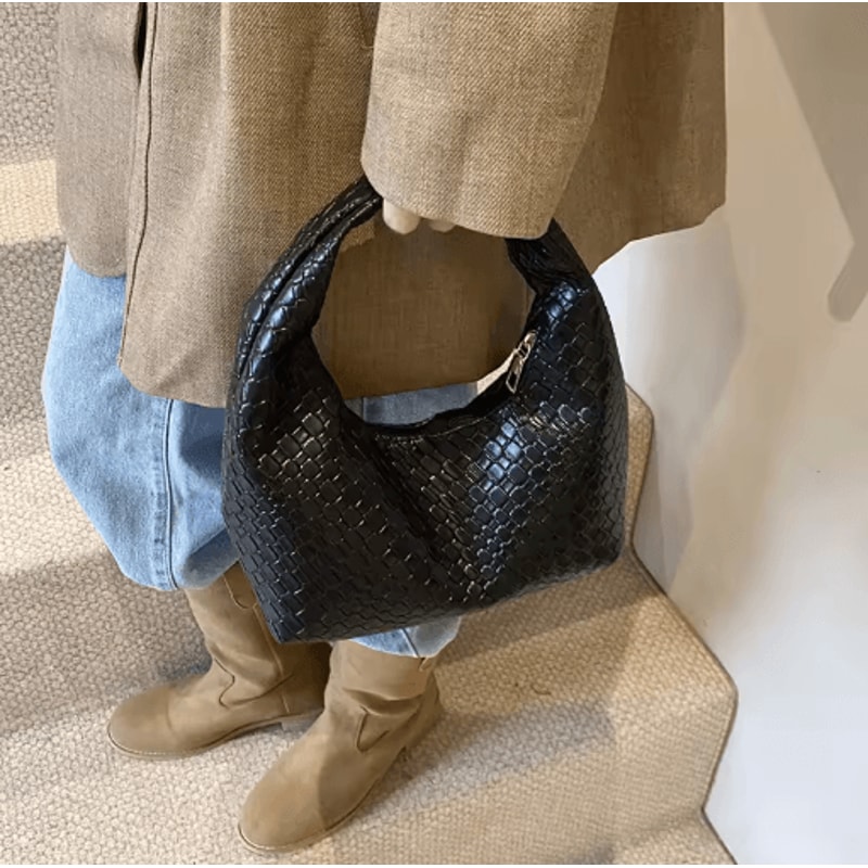 Womens Woven Embossed Hobo Shoulder Bag Soft PU Leather Small Top Handle Handbag 6