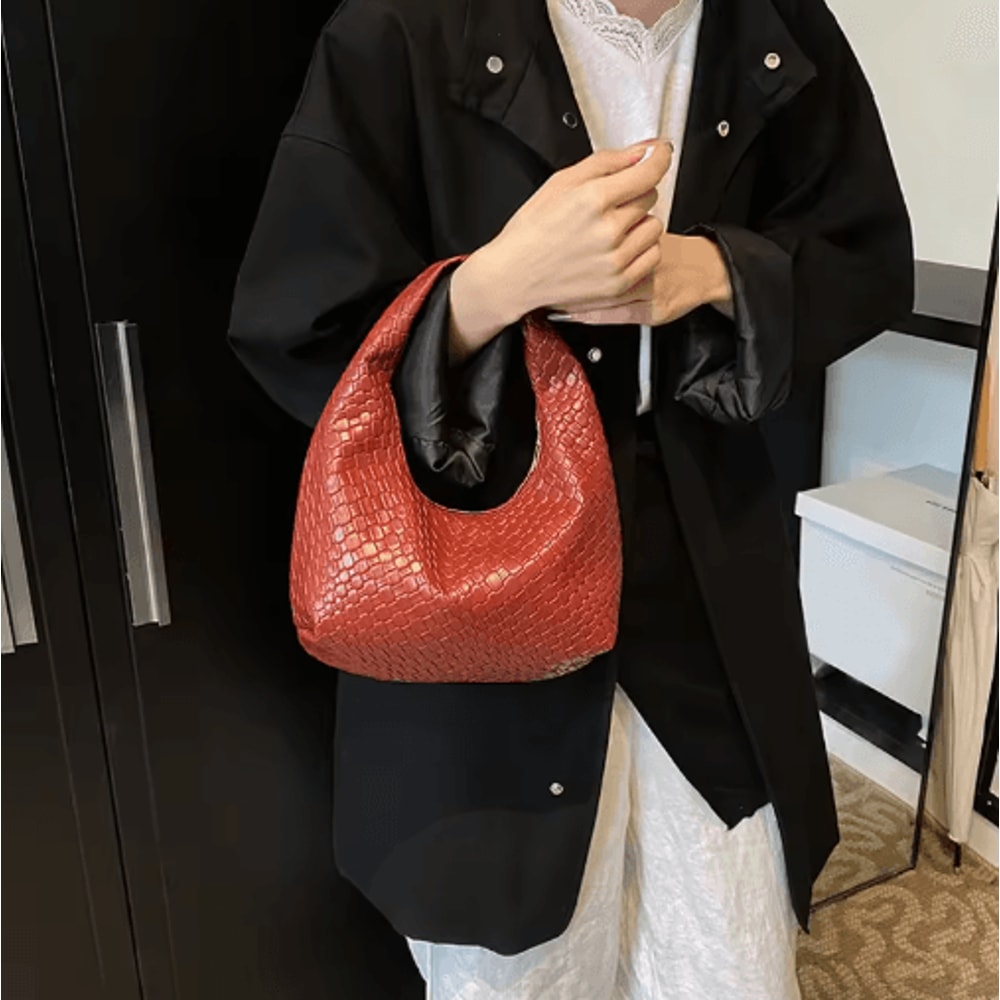 Womens Woven Embossed Hobo Shoulder Bag Soft PU Leather Small Top Handle Handbag 8