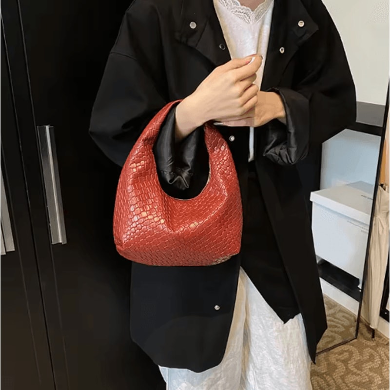 Womens Woven Embossed Hobo Shoulder Bag Soft PU Leather Small Top Handle Handbag 8
