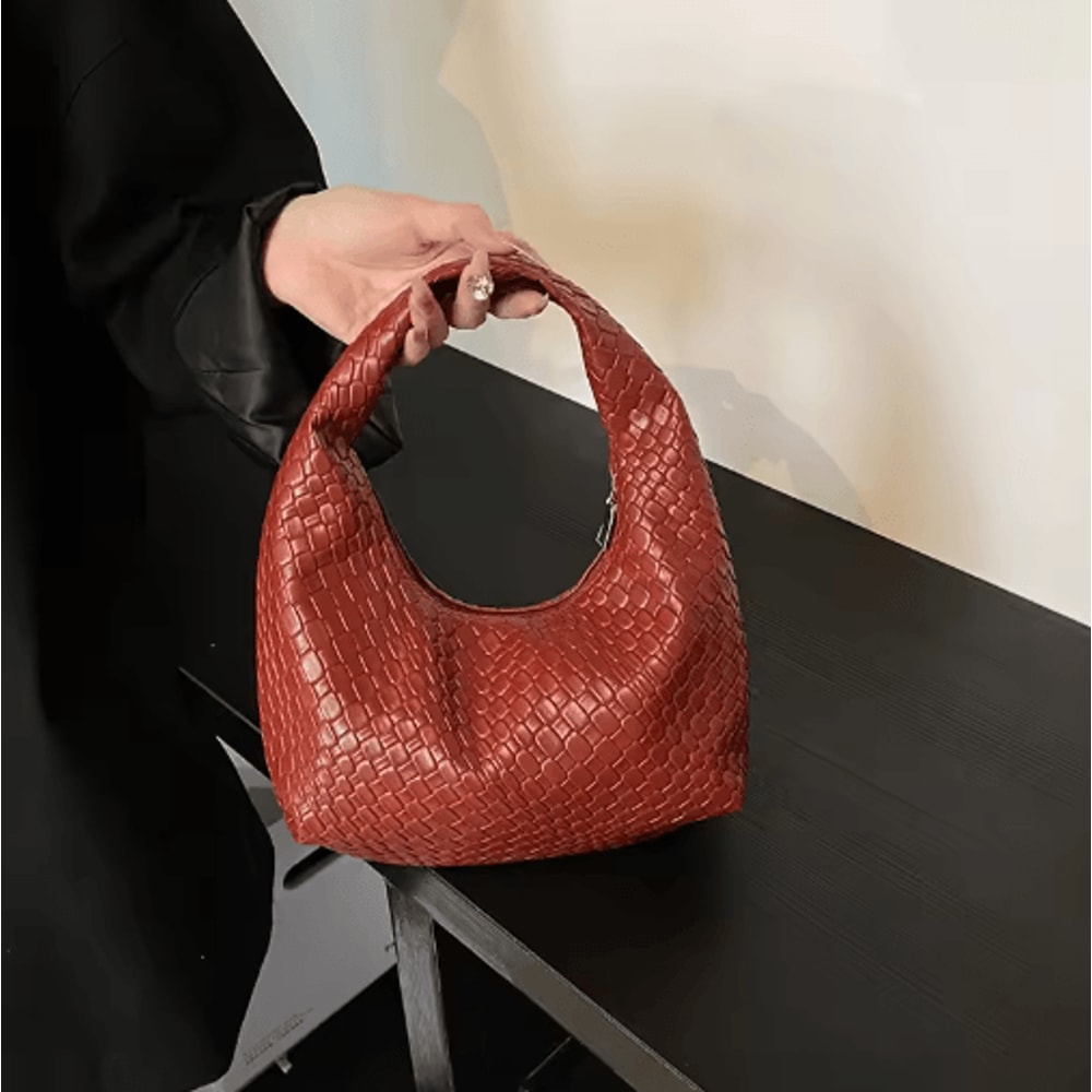 Womens Woven Embossed Hobo Shoulder Bag Soft PU Leather Small Top Handle Handbag 0