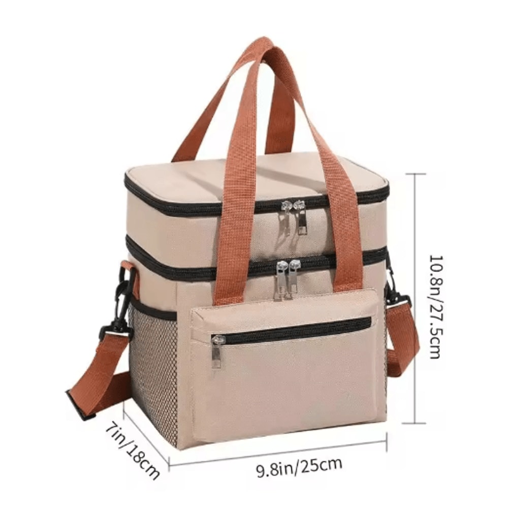 Double Layer Thermal Lunch Bag Large Capacity Insulated Cooler Tote With Crossbody Strap 1