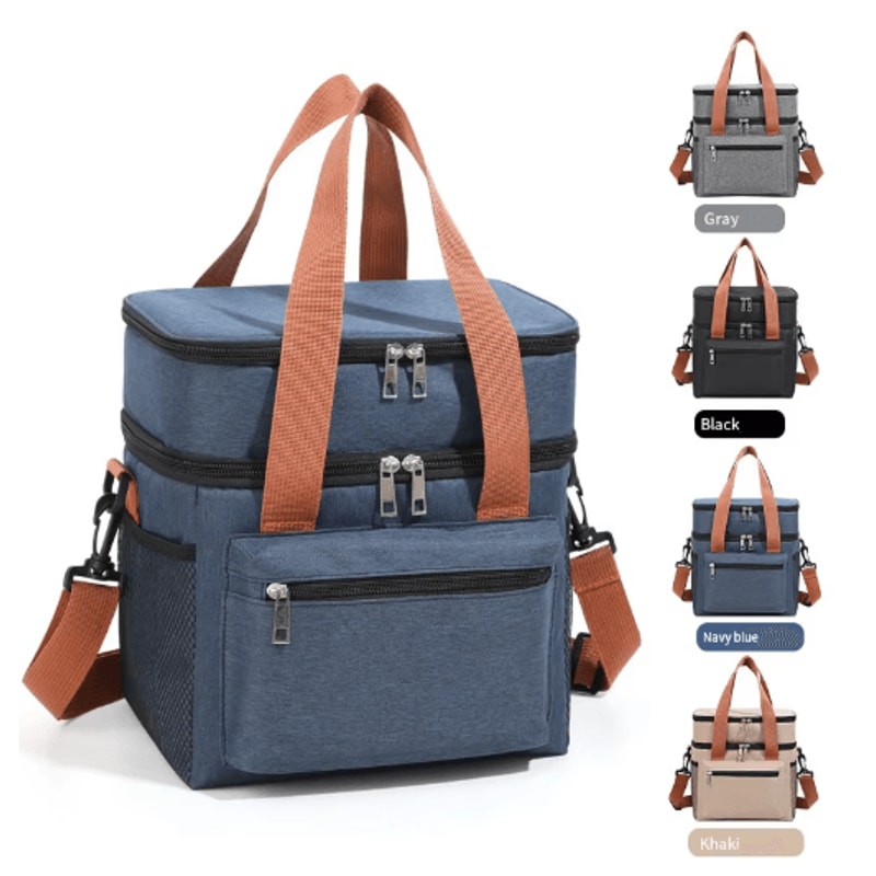 Double Layer Thermal Lunch Bag Large Capacity Insulated Cooler Tote With Crossbody Strap 0