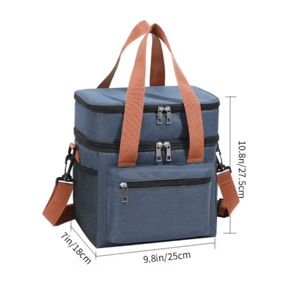 Double Layer Thermal Lunch Bag Large Capacity Insulated Cooler Tote With Crossbody Strap 4