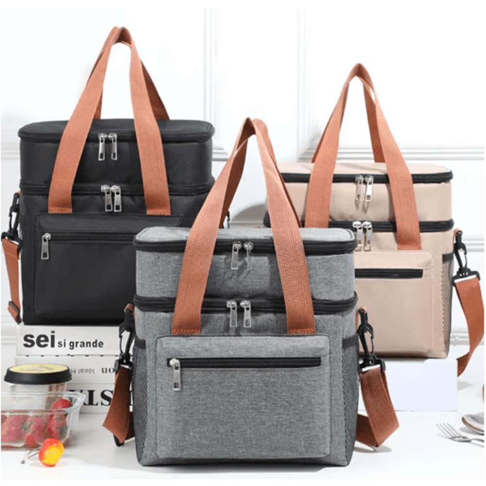 Double Layer Thermal Lunch Bag Large Capacity Insulated Cooler Tote With Crossbody Strap 5