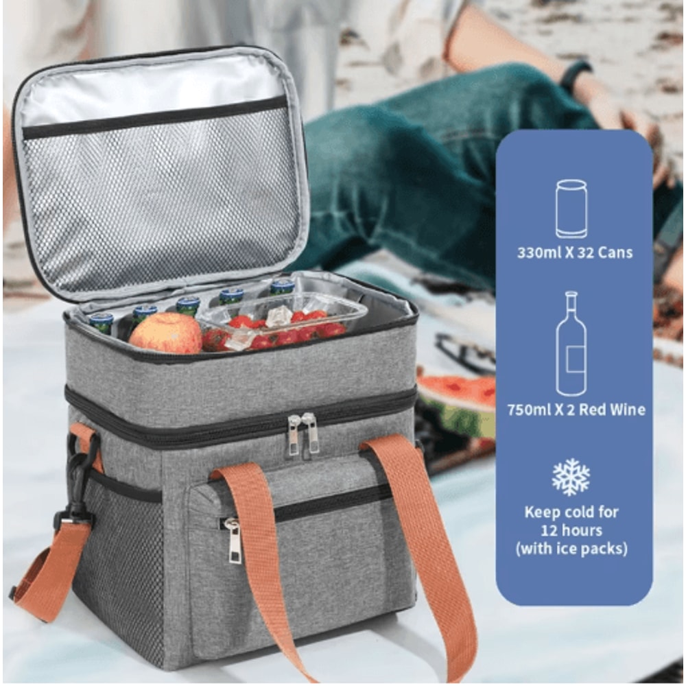 Double Layer Thermal Lunch Bag Large Capacity Insulated Cooler Tote With Crossbody Strap 6