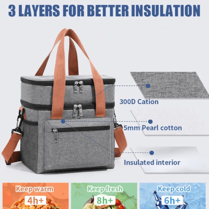 Double Layer Thermal Lunch Bag Large Capacity Insulated Cooler Tote With Crossbody Strap 7