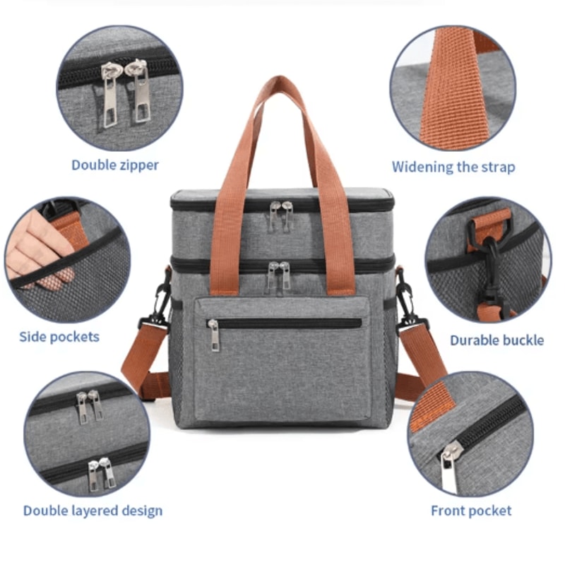 Double Layer Thermal Lunch Bag Large Capacity Insulated Cooler Tote With Crossbody Strap 8