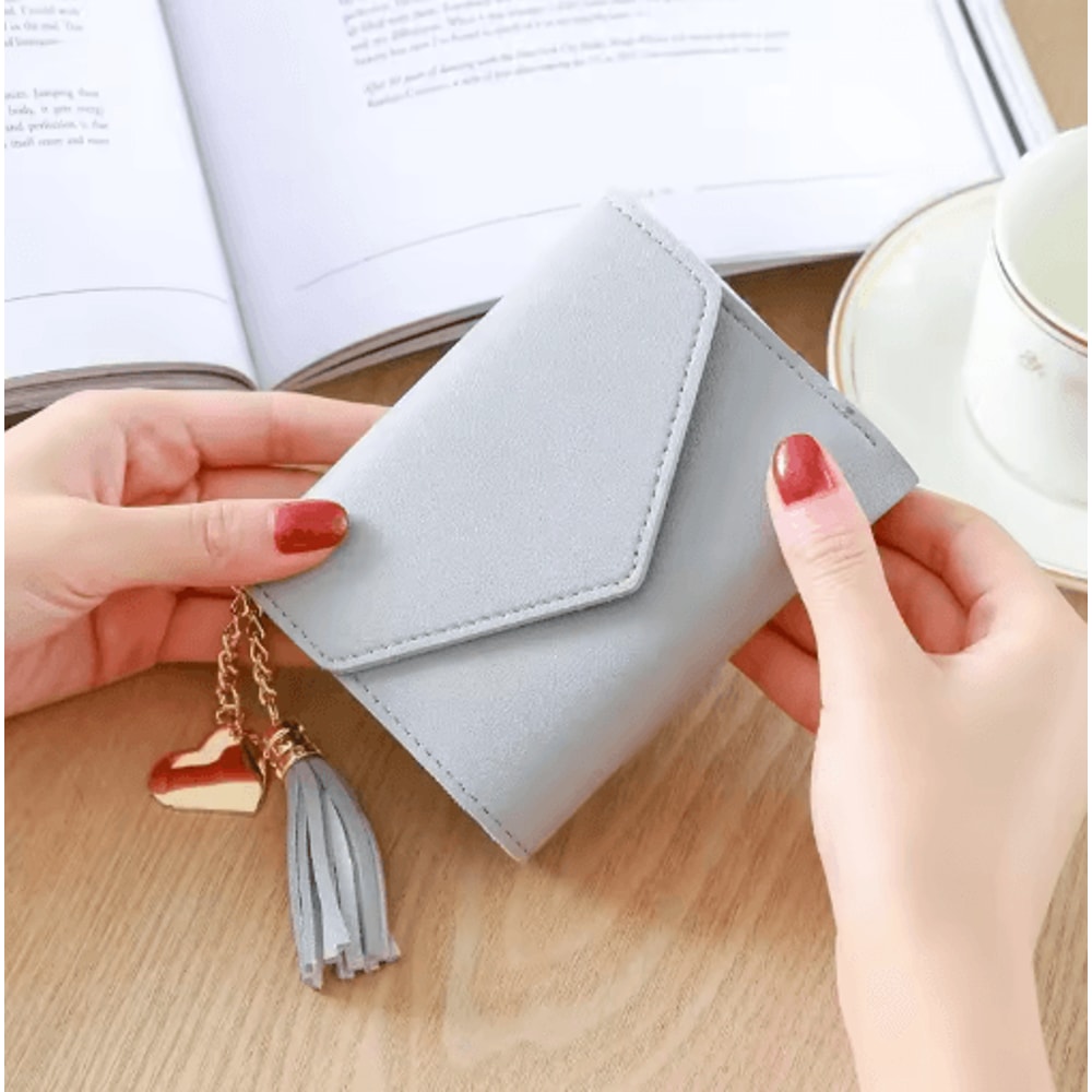 Womens PU Leather Small Wallet Compact Tassel Coin Purse Card Holder 2