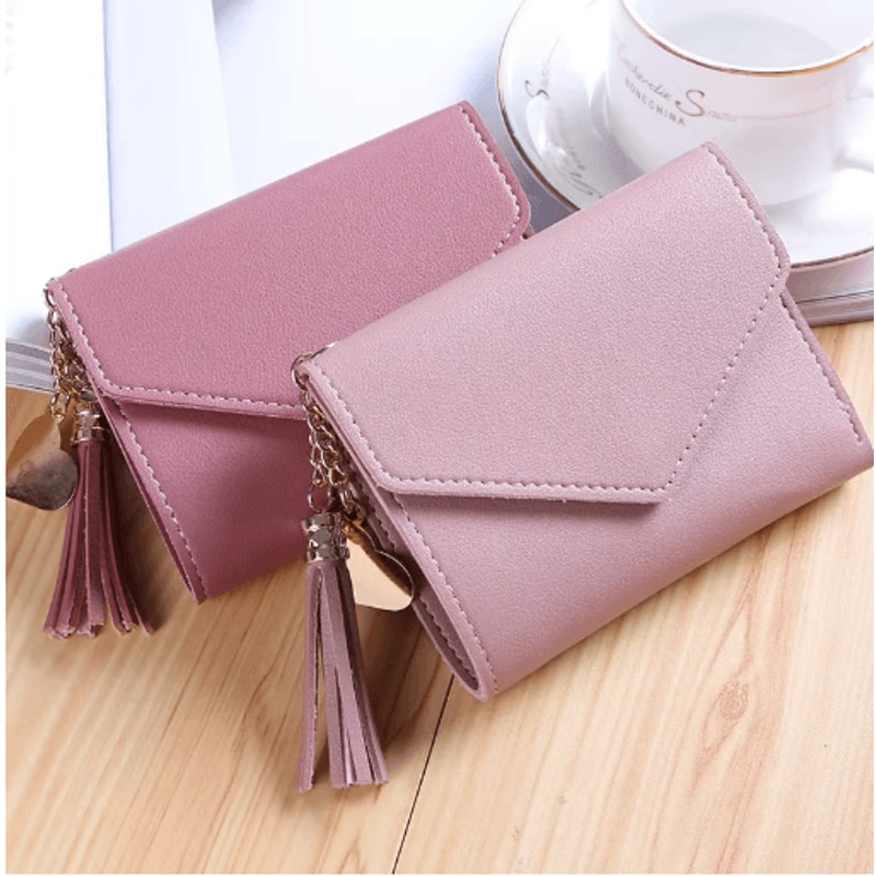 Womens PU Leather Small Wallet Compact Tassel Coin Purse Card Holder 10