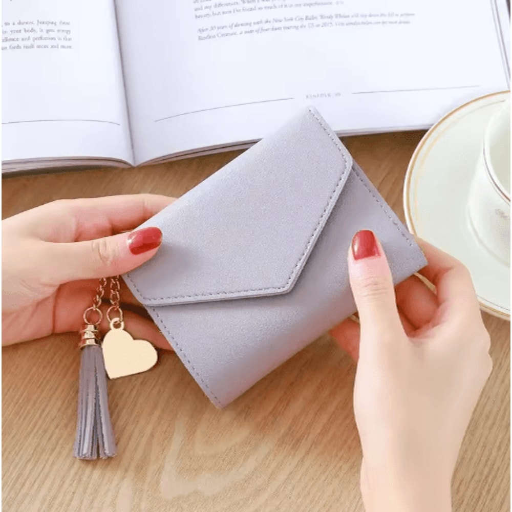 Womens PU Leather Small Wallet Compact Tassel Coin Purse Card Holder 6