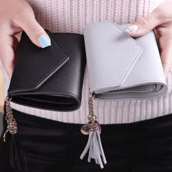 womens pu leather small wallet compact tassel coin purse & card holder