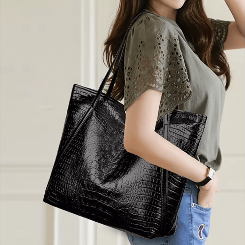 Stylish Womens Crocodile Pattern Tote Bag Retro Shoulder Handbag For Work Daily Use 0
