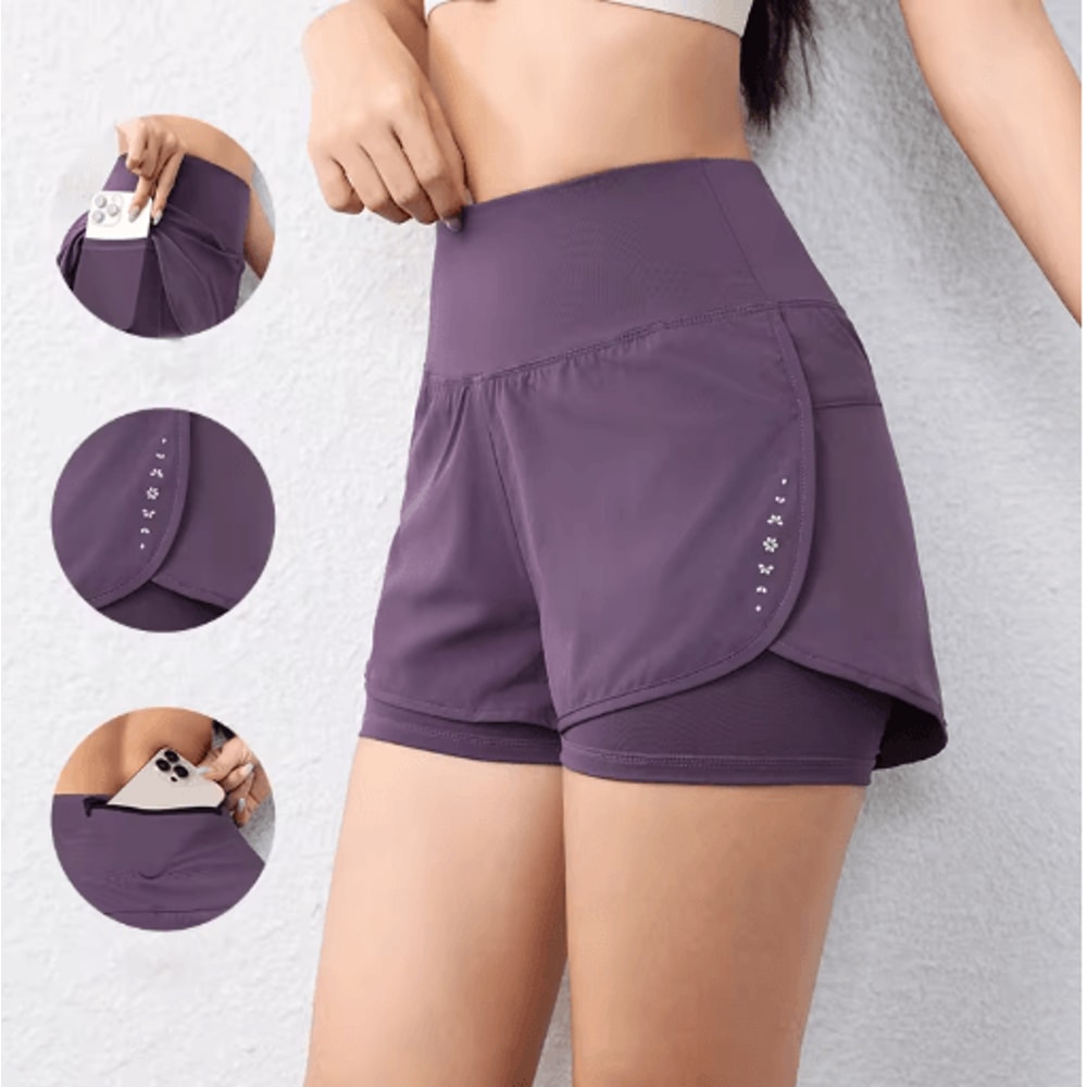 Womens QuickDrying Running Shorts Double Layer Athletic Yoga Shorts With Pockets 0