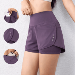womens quick-drying running shorts double layer athletic yoga shorts with pockets