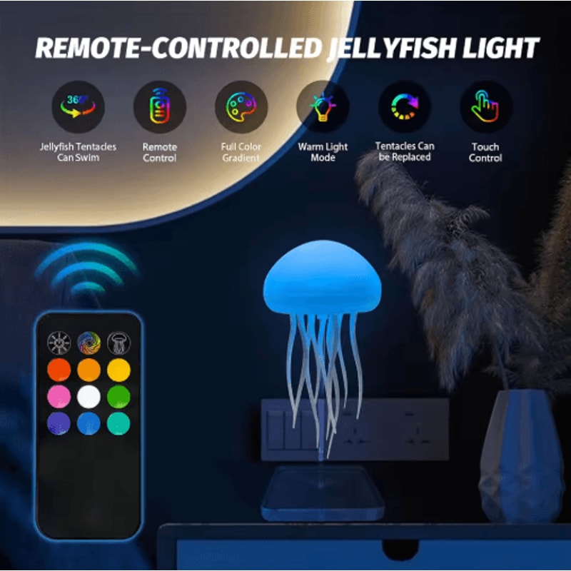 RGB Jellyfish Night Light With Remote Control Rechargeable Bedside Glow 8