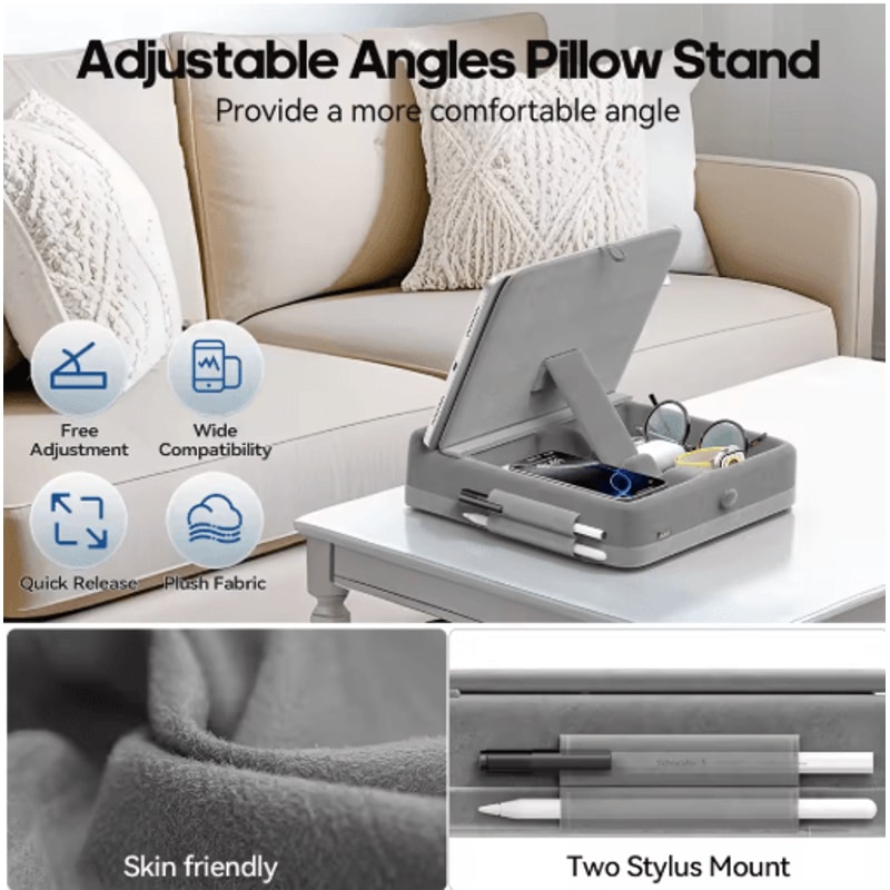 FlexiRest Tablet Pillow Stand Adjustable IPad Stand For Bed With Storage Stylus Holder 10