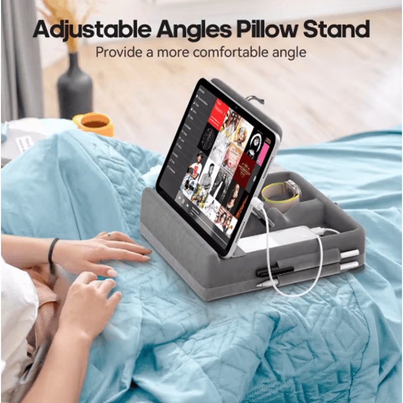 FlexiRest Tablet Pillow Stand Adjustable IPad Stand For Bed With Storage Stylus Holder 8