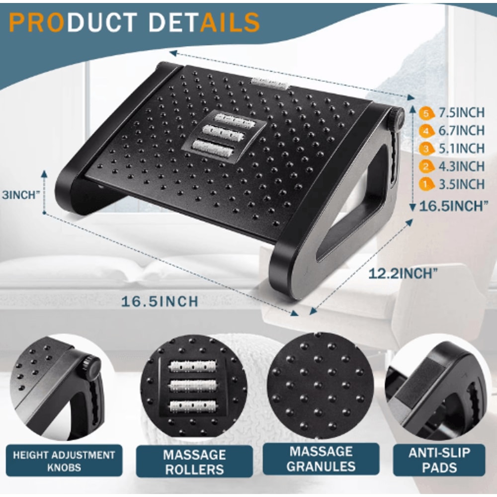 ErgoEase Under Desk Footrest Adjustable Ergonomic Foot Stool With Massage Rollers 7