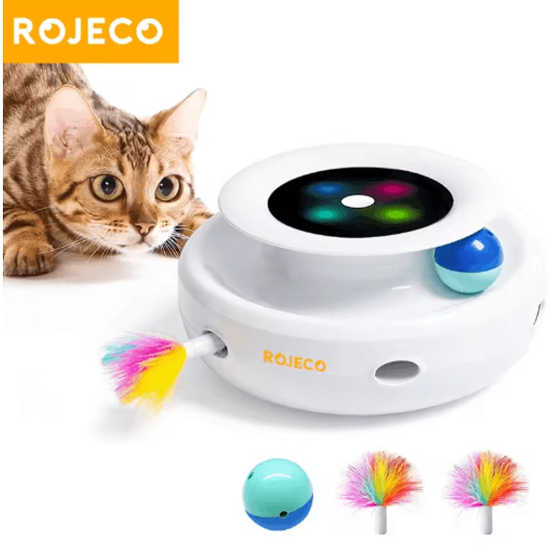 ROJECO 2in1 Interactive Cat Toy Set Smart Automatic Cat Toy With Feather Rolling Ball 1