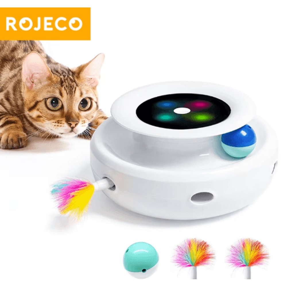 ROJECO 2in1 Interactive Cat Toy Set Smart Automatic Cat Toy With Feather Rolling Ball 0