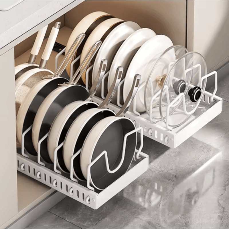 PullOut Pots Pans Organizer Drawer With Dividers Space Saving Pot Lid Organizer For Cabinets 11