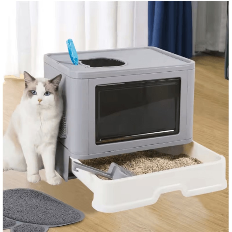 Foldable Enclosed Cat Litter Box With Top Exit Space Saving Enclosed Cat Litter Box With Scoop 0