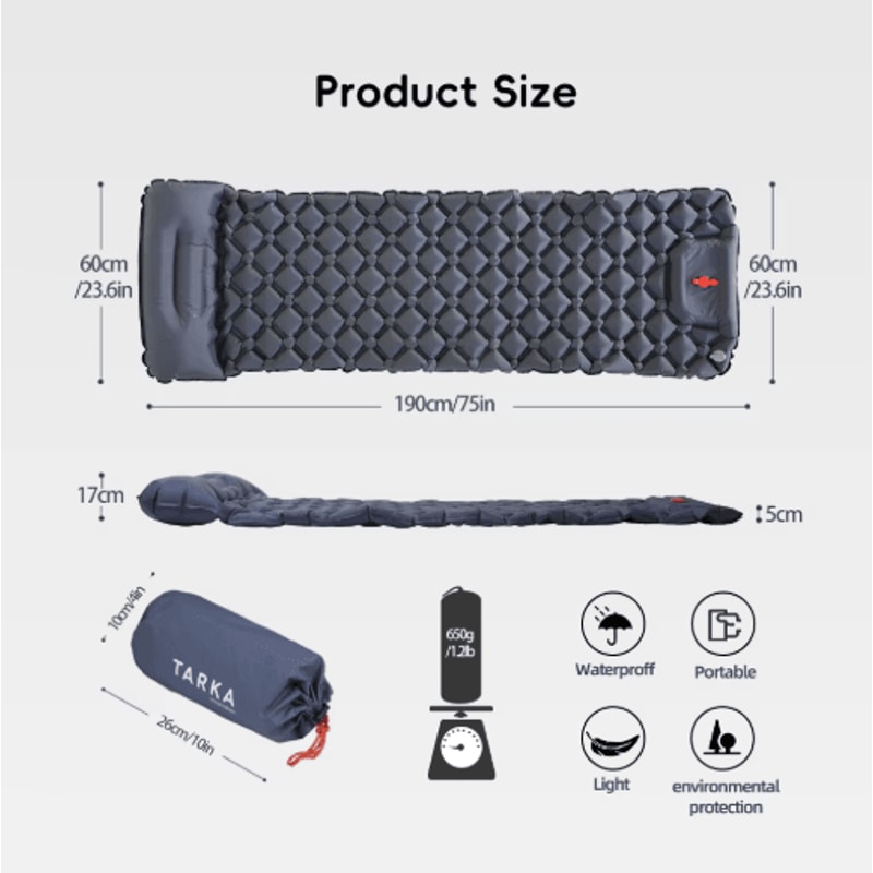 TARKA Inflatable Camping Sleeping Pad With Pillow Lightweight Camping Air Mattress For Hiking Outd 0