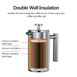 stainless steel french press coffee maker double wall insulated manual coffee brewer (350ml–1000ml)