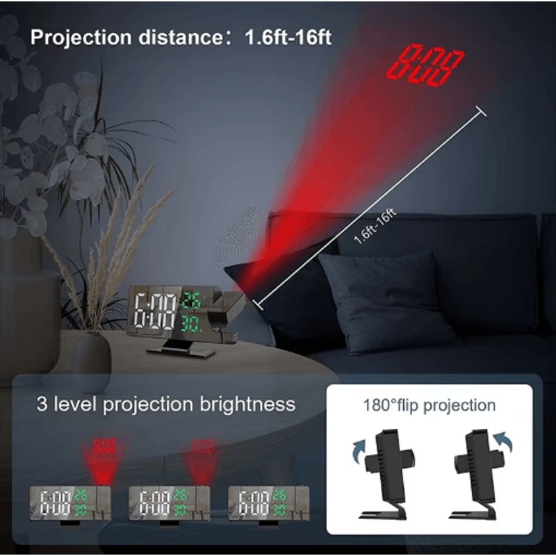 LED Digital Projection Alarm Clock Ceiling Projector Clock With Temperature Display Snooze 5