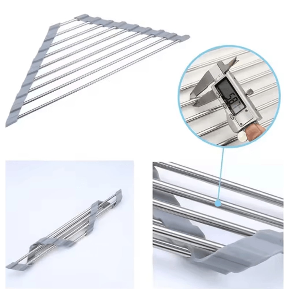 Roll Up Triangle Over Sink Drying Rack Foldable Stainless Steel Dish Drainer Corner Organizer 4
