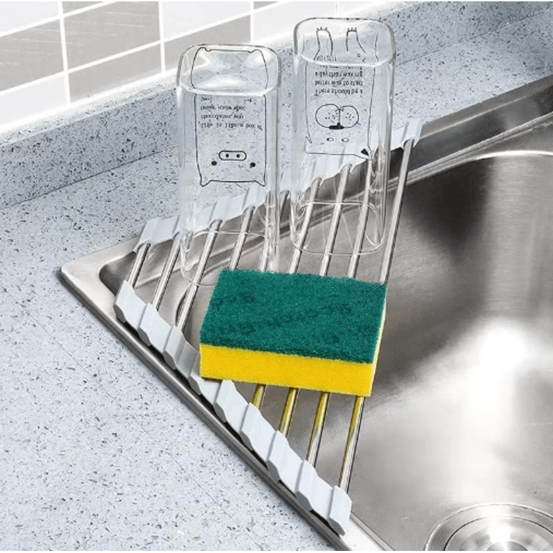 Roll Up Triangle Over Sink Drying Rack Foldable Stainless Steel Dish Drainer Corner Organizer 7