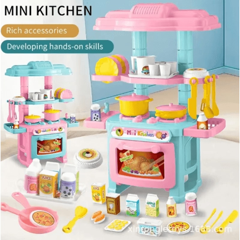 Mini Kitchen Counter Play Set DIY Pretend Cooking Toy With Food Tableware 5