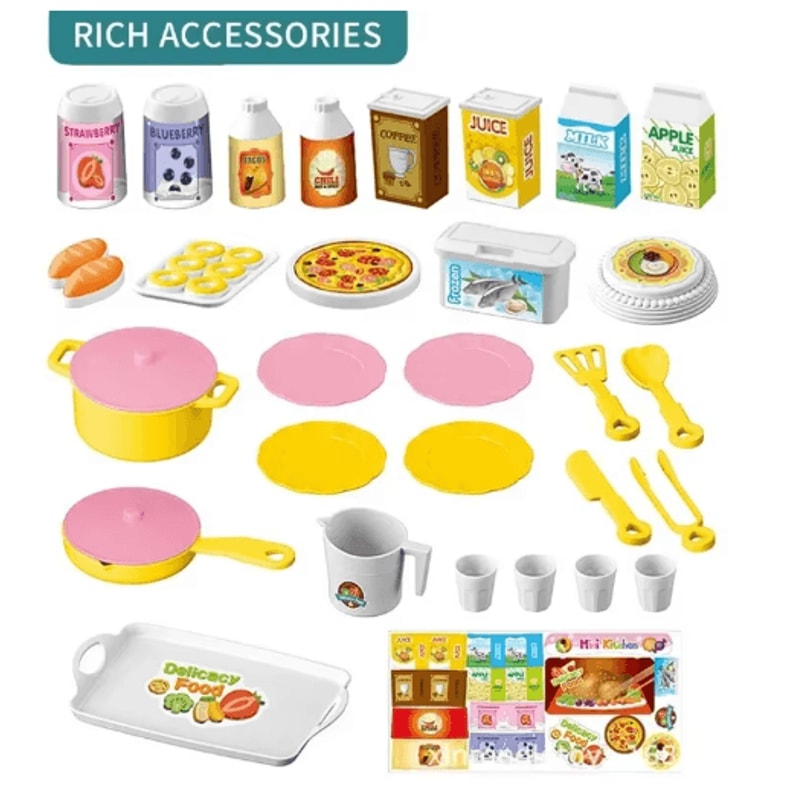 Mini Kitchen Counter Play Set DIY Pretend Cooking Toy With Food Tableware 6