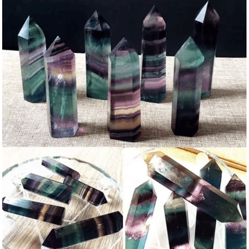 Natural Fluorite Crystal Wand Colorful Striped Healing Quartz Point 47CM 0