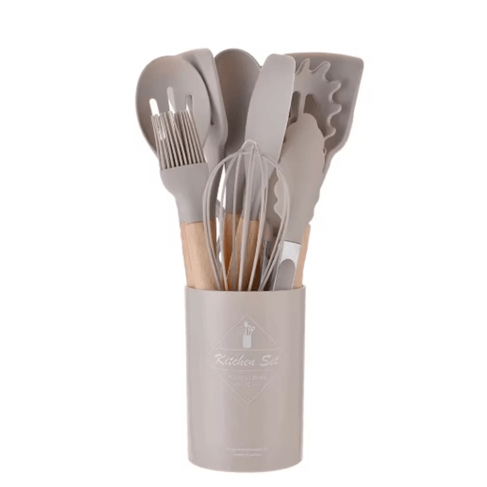 12Piece Silicone Kitchen Utensil Set NonStick Cooking Tools With Wooden Handles 1