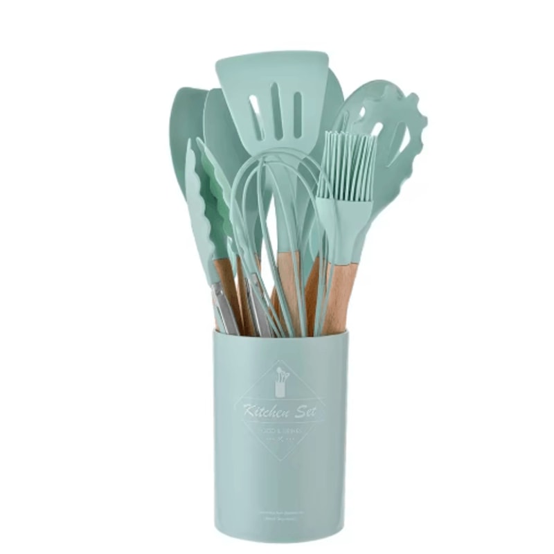 12Piece Silicone Kitchen Utensil Set NonStick Cooking Tools With Wooden Handles 3