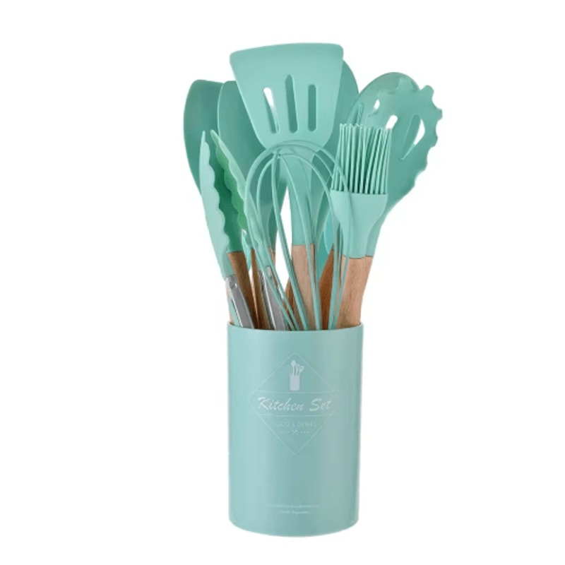 12Piece Silicone Kitchen Utensil Set NonStick Cooking Tools With Wooden Handles 5