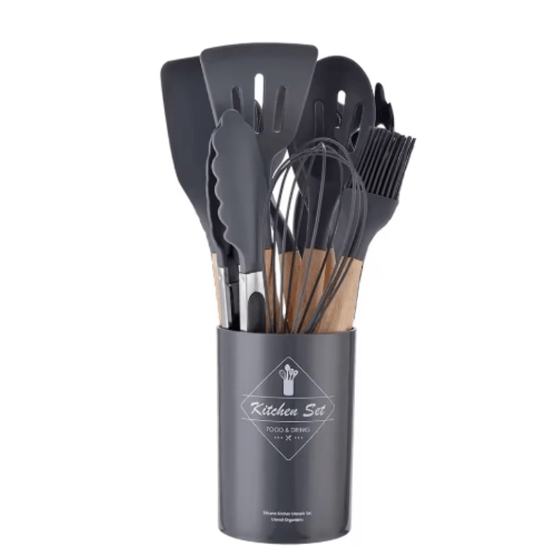 12Piece Silicone Kitchen Utensil Set NonStick Cooking Tools With Wooden Handles 7