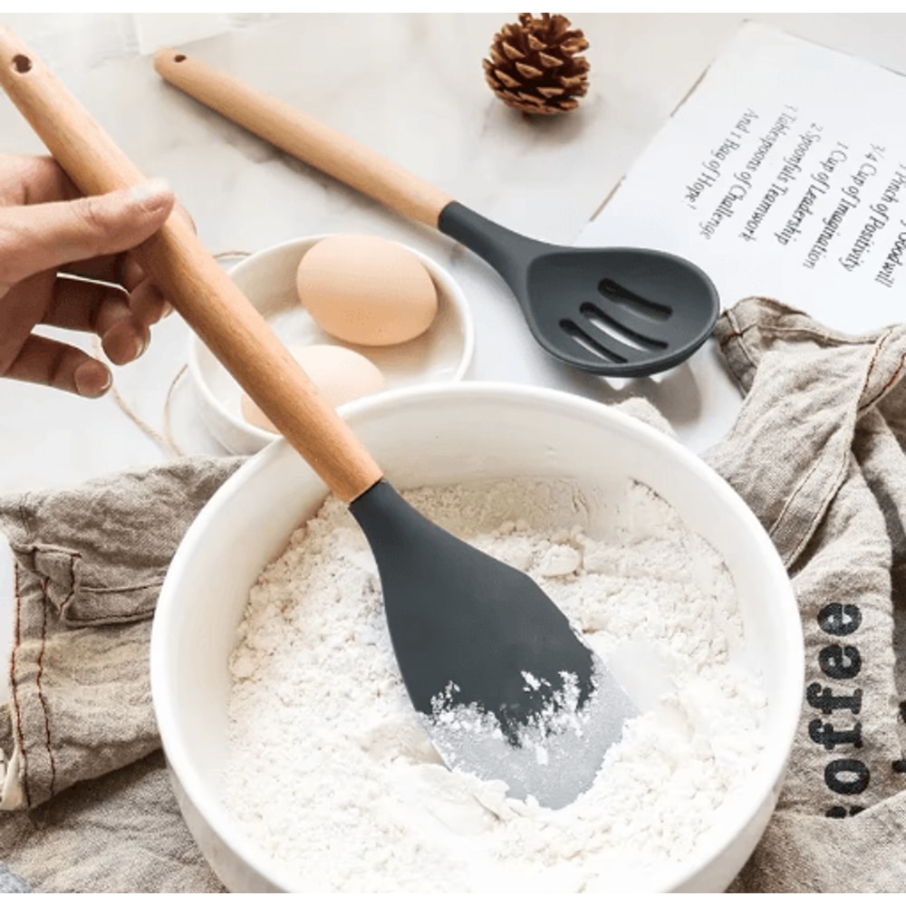 12Piece Silicone Kitchen Utensil Set NonStick Cooking Tools With Wooden Handles 10